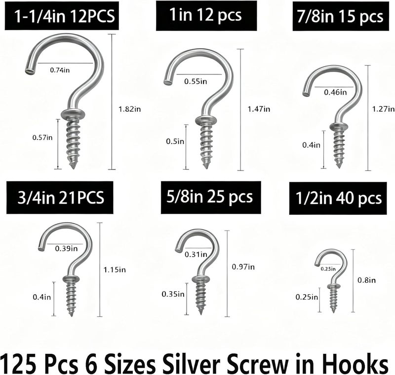 ANDILIKE 125 PCS 6 Sizes Screw in Hooks,Silver Screw Cup Hooks for Hanging Plants,Decorations,kitchenware and DIY Crafts,(1/2",5/8",3/4",5/8“,7/8”,1”,1-1/4“) - Image 2